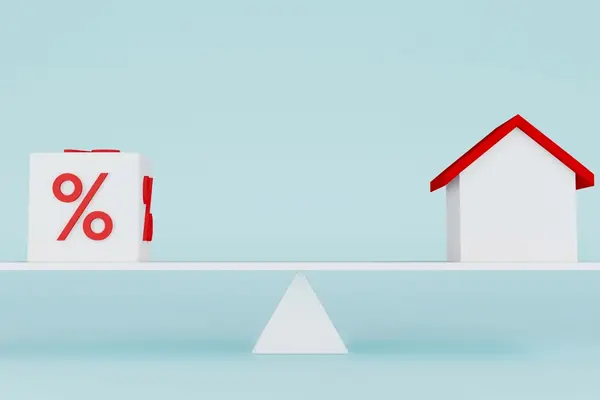 Percent sign block balanced against a house on a scale, mortgage rates vs home price, Advantage Real Estate